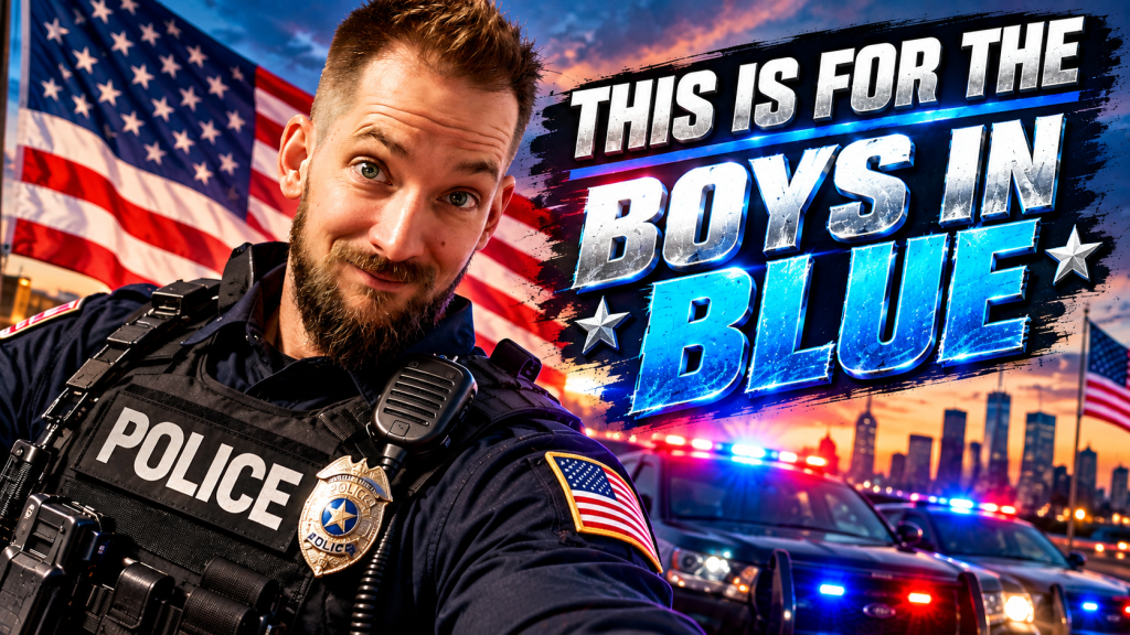 A police officer in a tactical vest poses for a selfie with a playful expression, set against a backdrop of American flags and illuminated police vehicles at sunset. The text overlay reads, 'THIS IS FOR THE BOYS IN BLUE.'