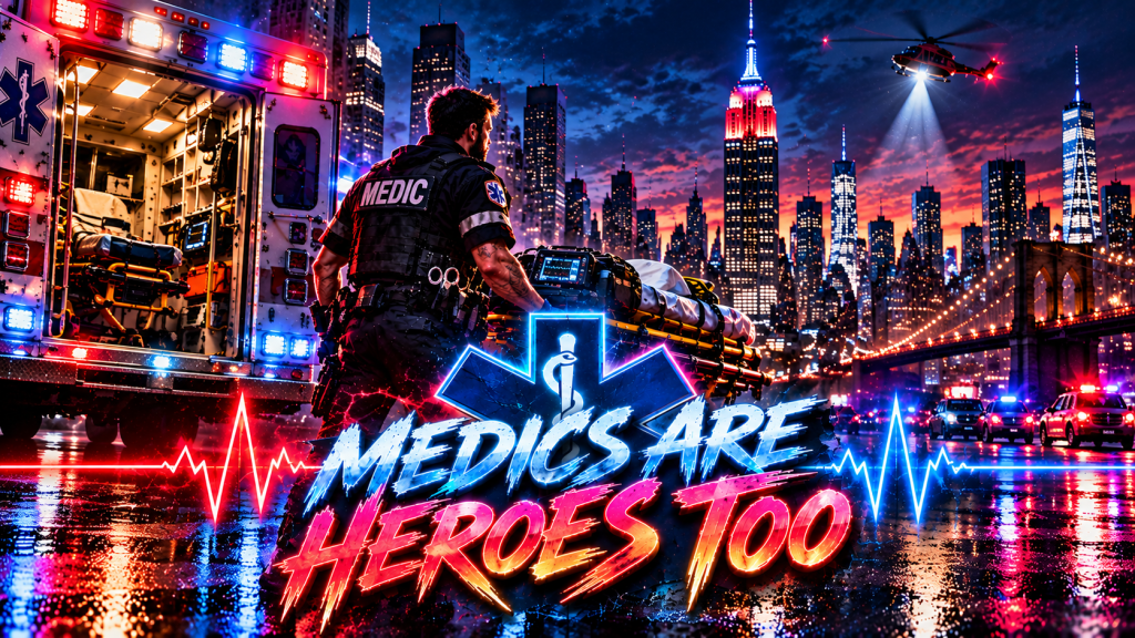 A medic in uniform stands beside an ambulance with its doors open, showcasing medical equipment. The background features a vibrant city skyline at sunset, with glowing lights and a helicopter overhead. The text 'Medics Are Heroes Too' is prominently displayed in bold, colorful letters.
