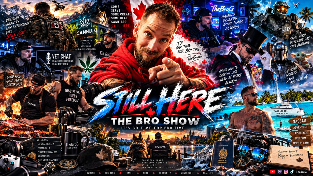 Collage promoting 'The Bro Show' with diverse themes of brotherhood, gaming, and community involvement, featuring characters in various roles and environments.