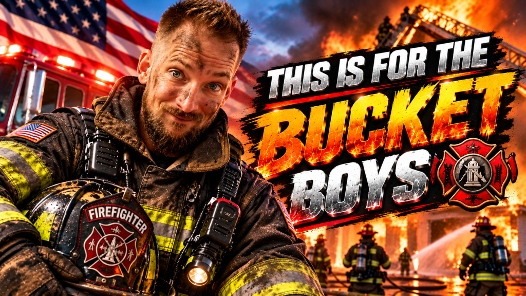 A firefighter in a dirty uniform smiles while holding a helmet, with a burning building and an American flag in the background. The text 'THIS IS FOR THE BUCKET BOYS' is prominently displayed.