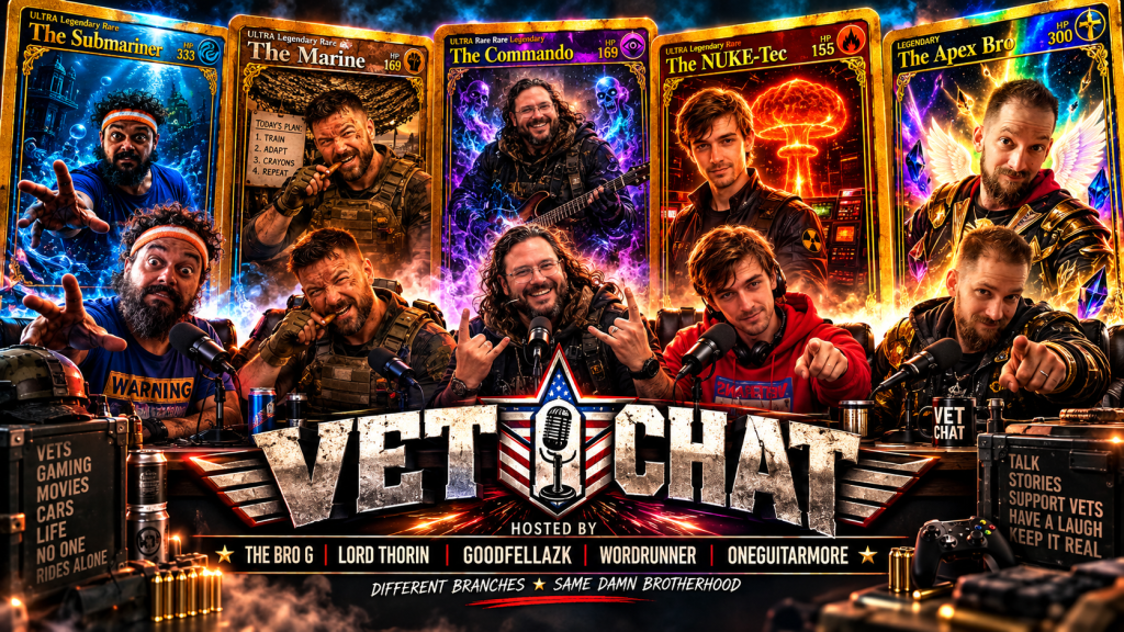 A vibrant graphic featuring a group of six individuals, each representing different characters with unique themes such as 'The Submariner' and 'The Commando'. They are engaged in a lively discussion for 'VET CHAT', with gaming and military motifs, surrounded by colorful illustrated backgrounds highlighting each character.